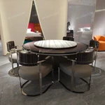 Arc-Base Dining Table with Marble Lazy Susan and Speckled Outer Panels